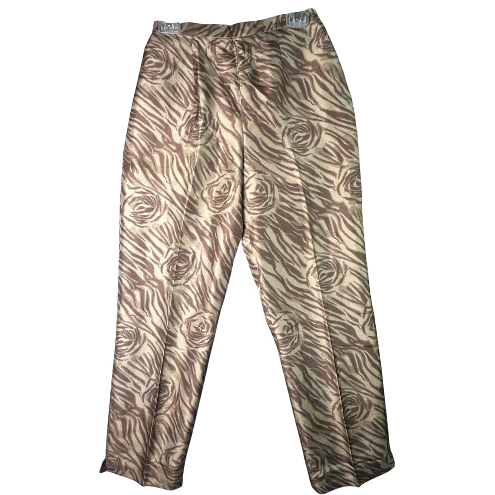 Adrianna Papell Silk Zebra Rose Trousers High Waist Luxury Chic 8 Tan Mob Wife